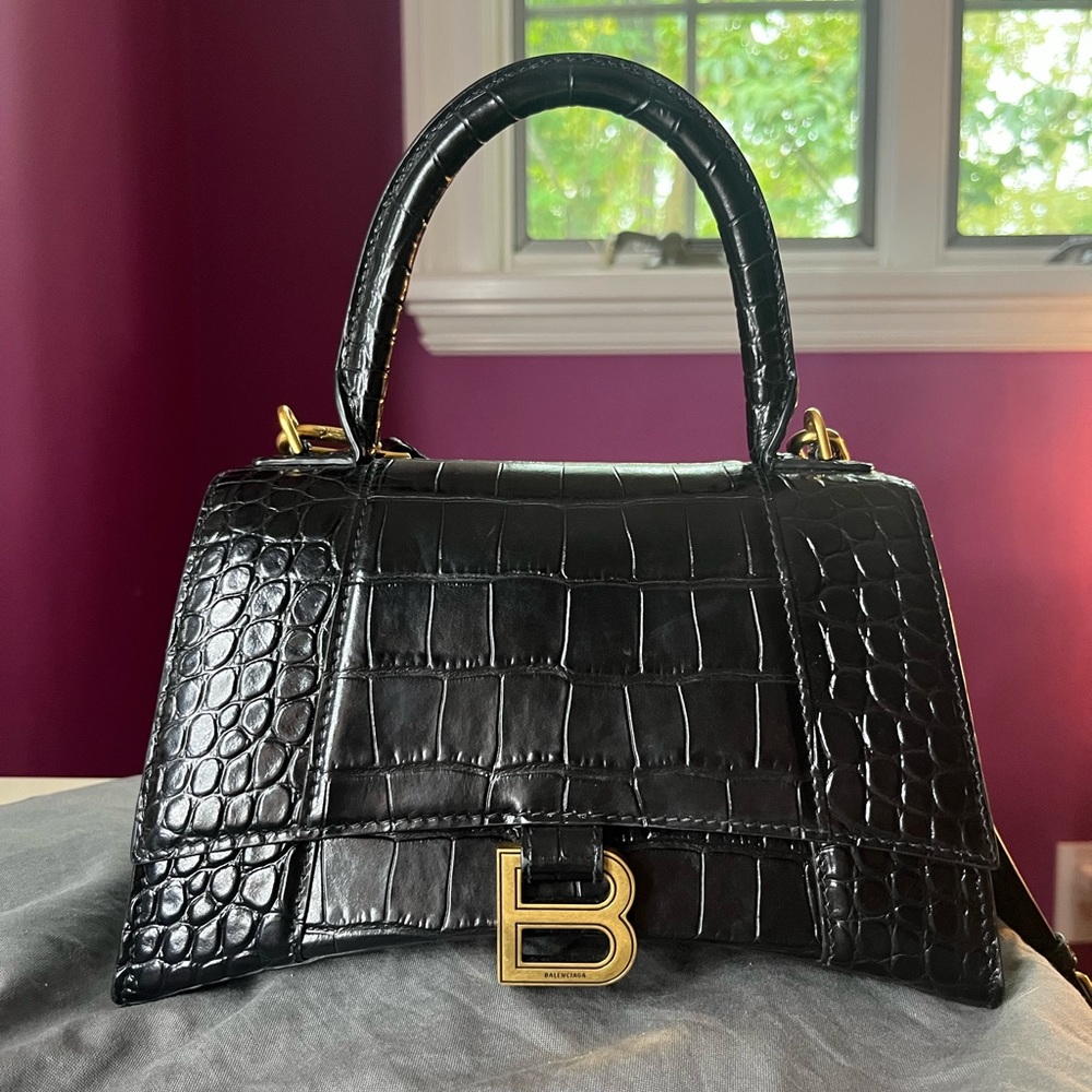 Balenciaga Hourglass bag in small black croccodile